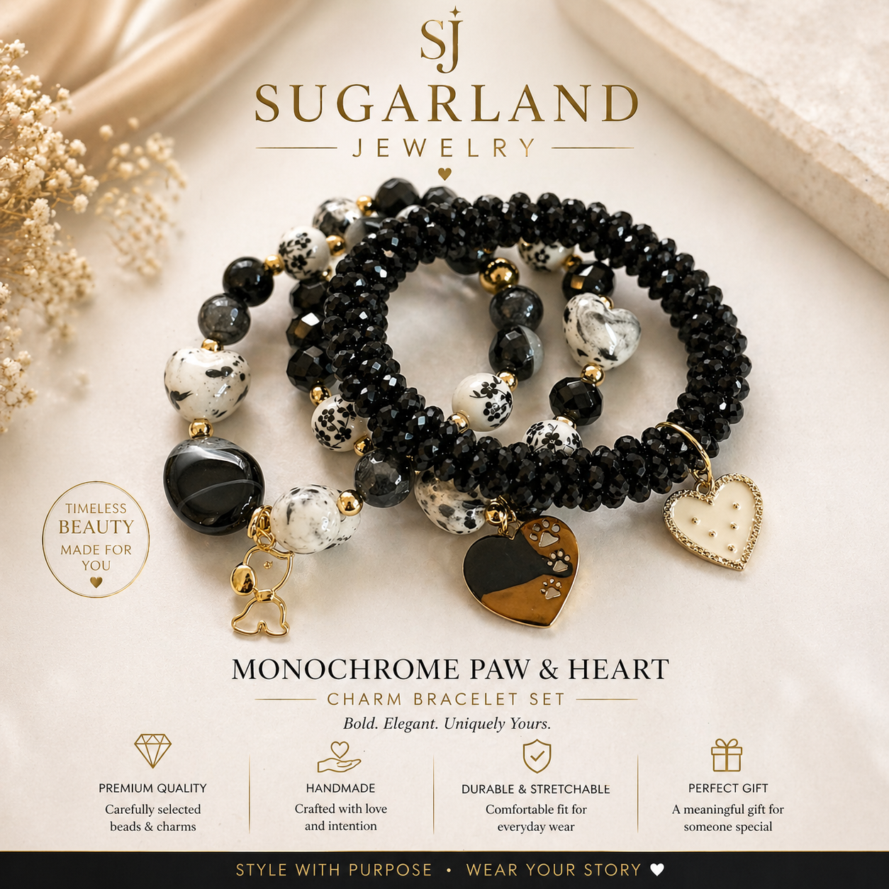 Monochrome Paw & Heart Charm Bracelet Set