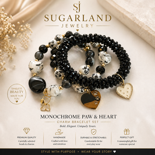Monochrome Paw & Heart Charm Bracelet Set