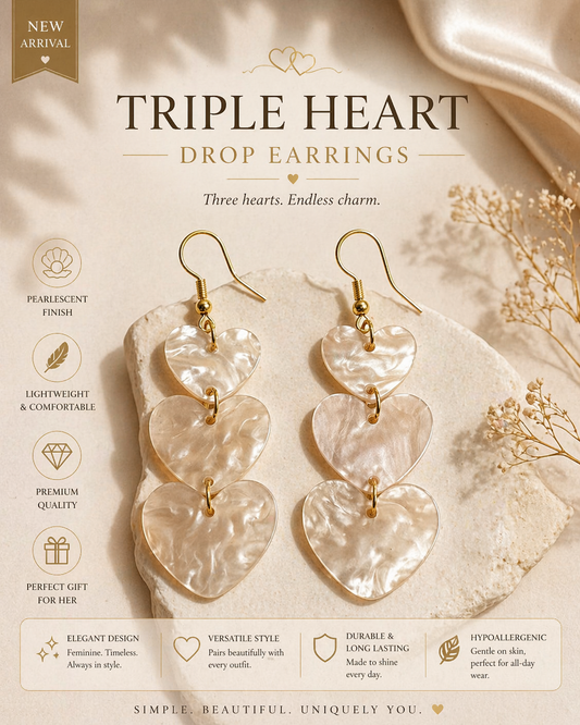Triple Heart Drop Earrings