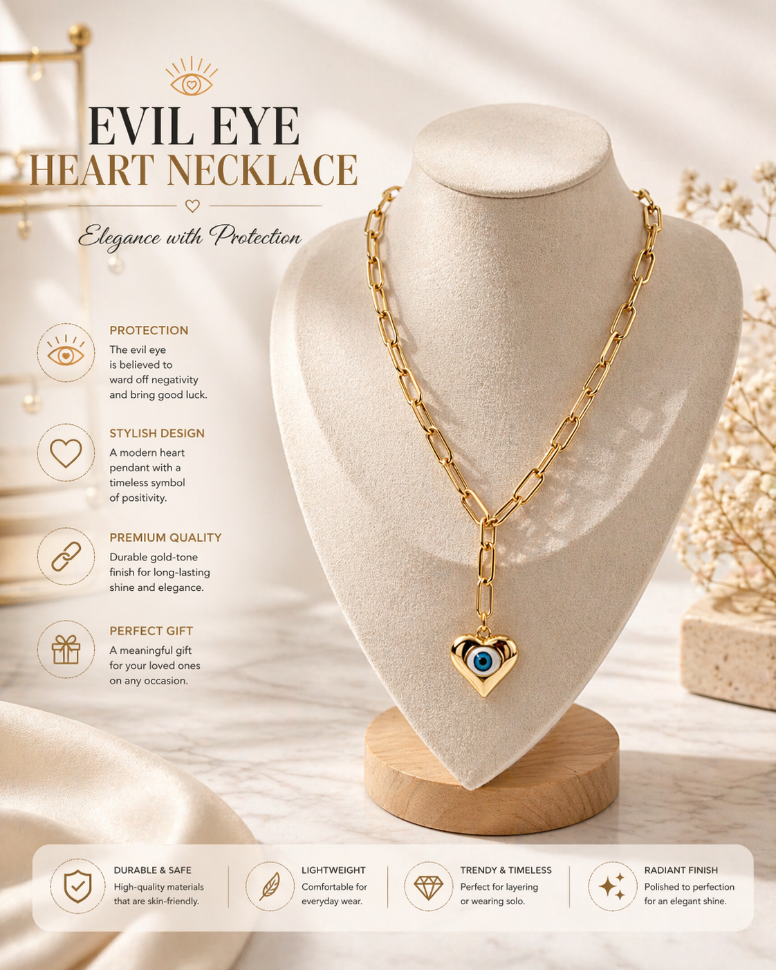 Evil Eye Heart Necklace – Elegant Protection & Style