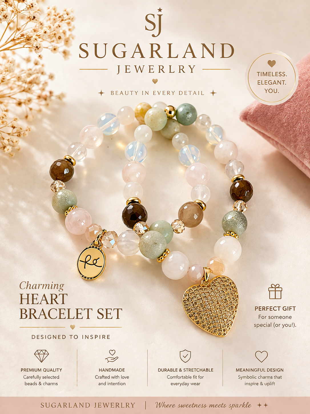 Elegant Beaded Bracelet Set with Heart Charm
