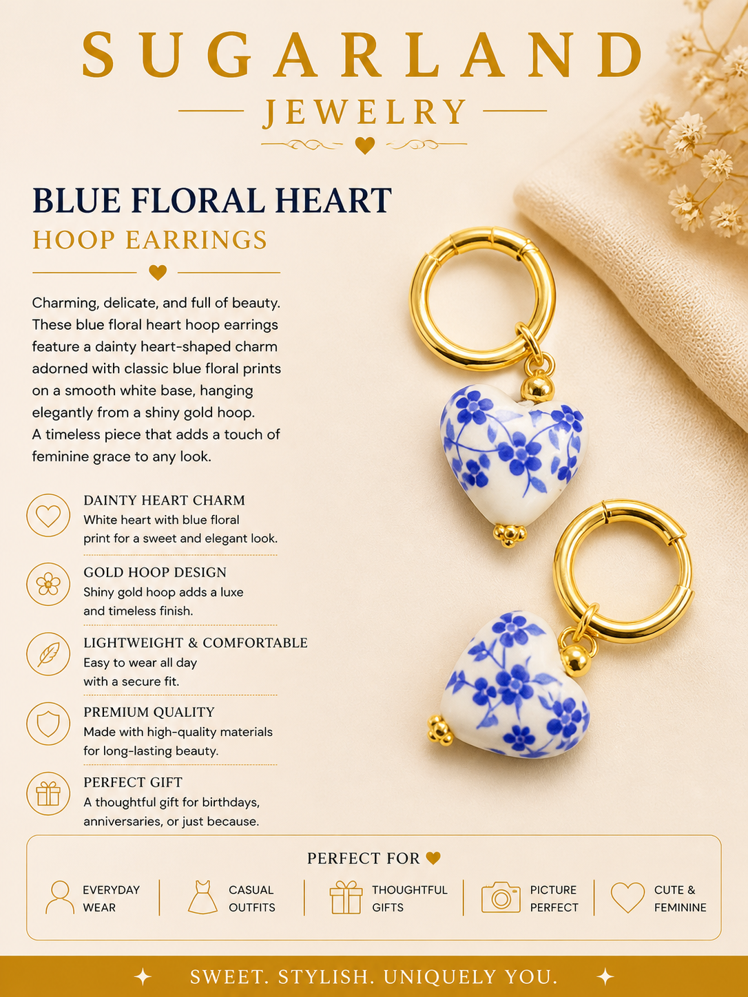Blue Floral Heart Hoop Earrings