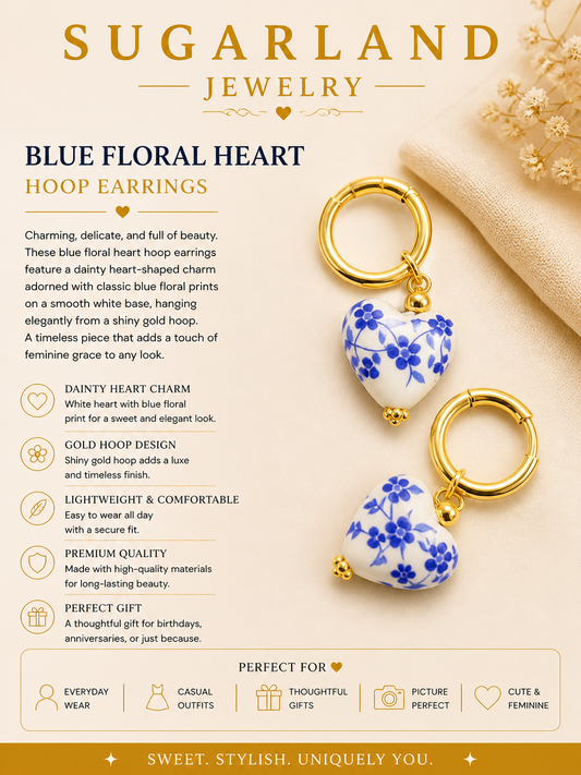 Blue Floral Heart Hoop Earrings