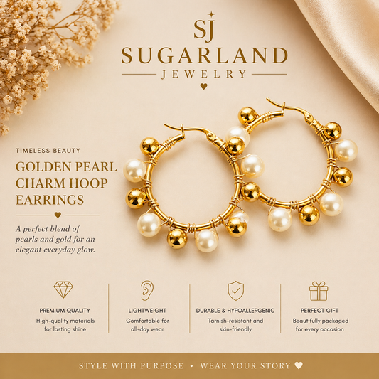 Golden Pearl Charm Hoop Earrings