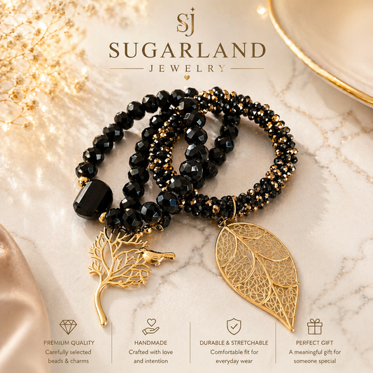 Black Luxe Leaf Charm Bracelet Set