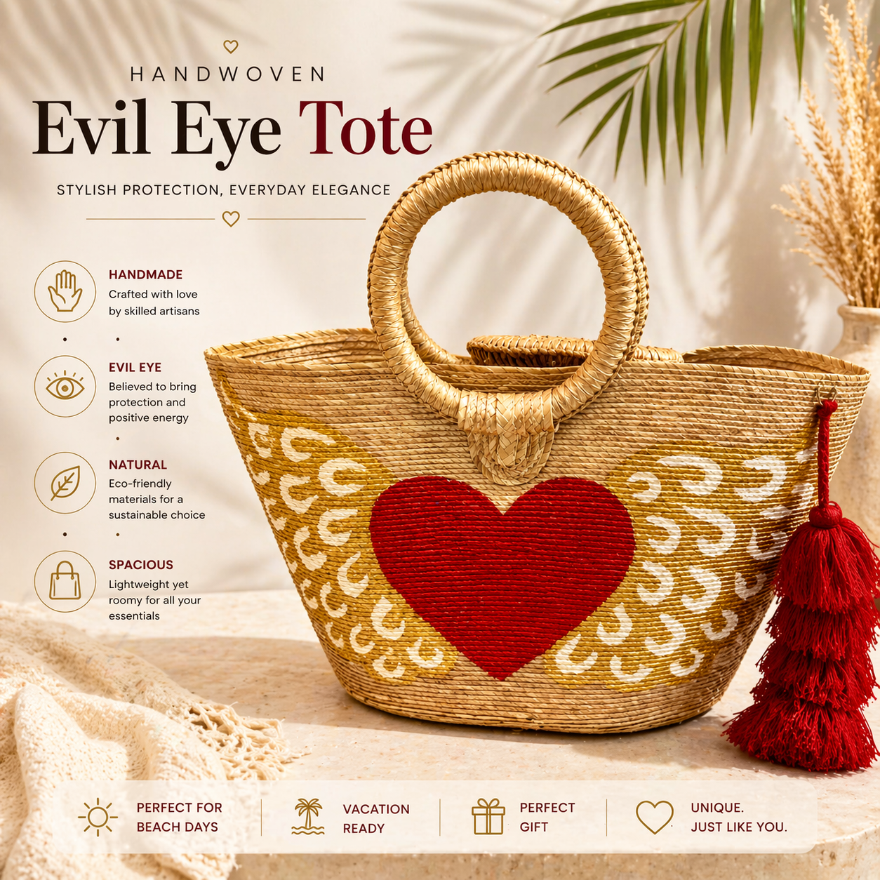 Handwoven Heart Detail Straw Tote