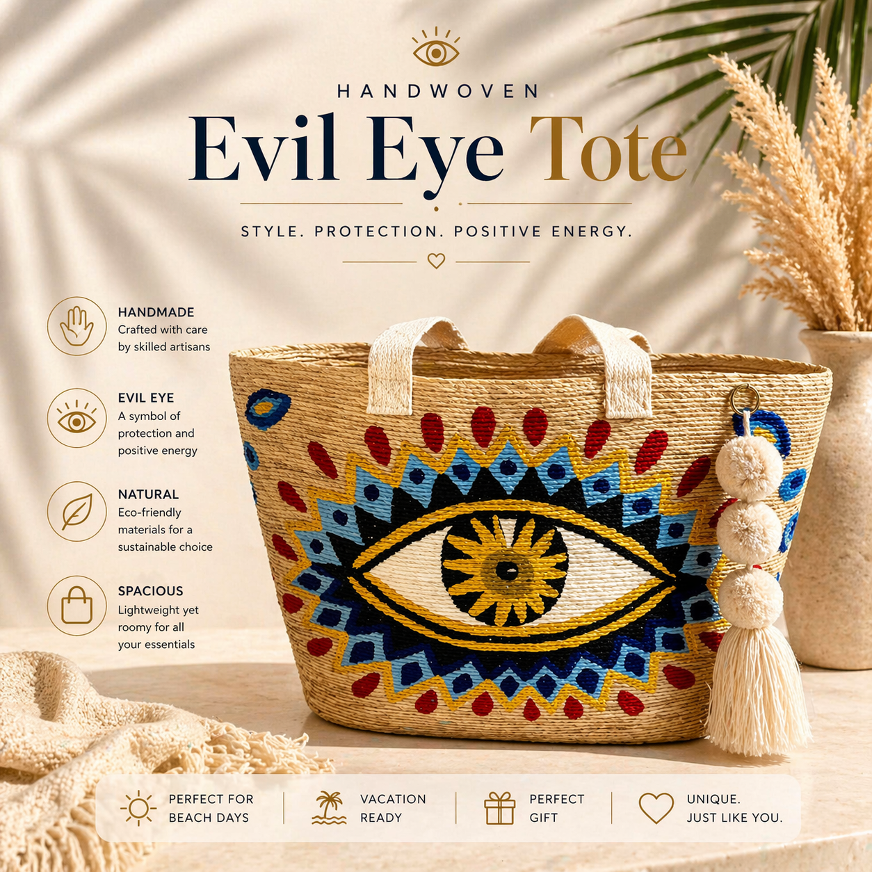 Handwoven Evil Eye Straw Tote Bag