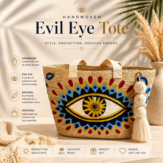 Handwoven Evil Eye Straw Tote Bag