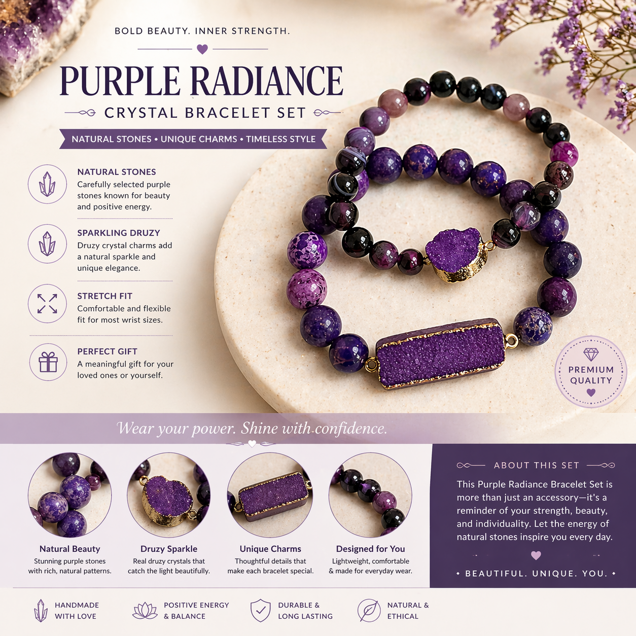 Elegant Purple Crystal Beaded Bracelet Set