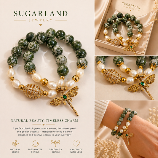 Emerald Dragonfly Pearl Bracelet Set